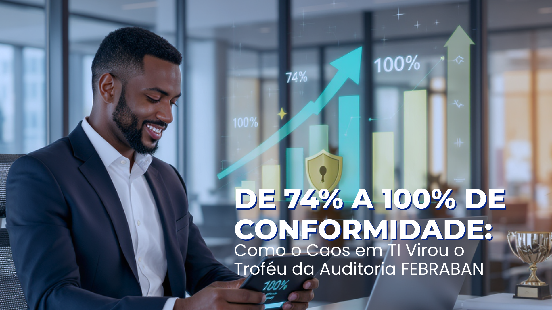 Profissional observa gráficos de segurança e conformidade com indicadores que avançam de 74% para 100%.