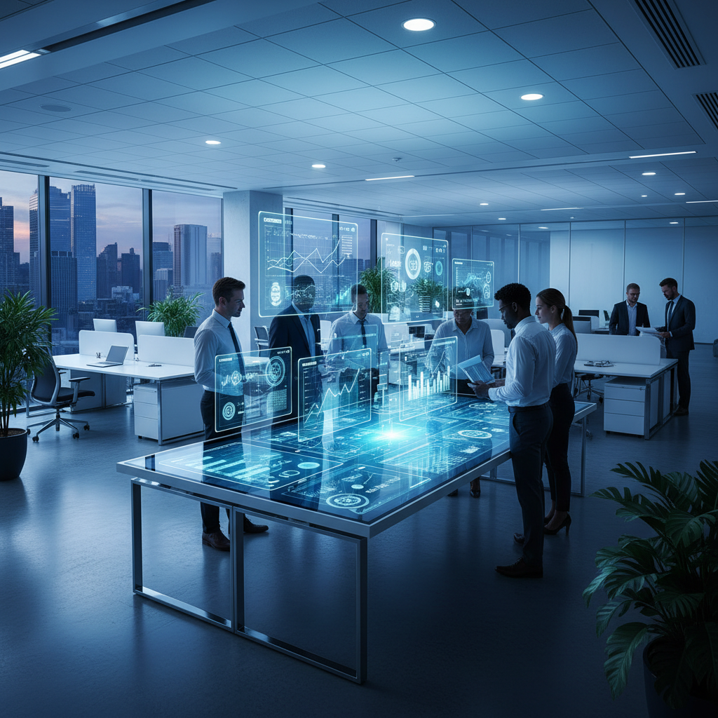 Equipe em um ambiente corporativo integrado por tecnologia e dados